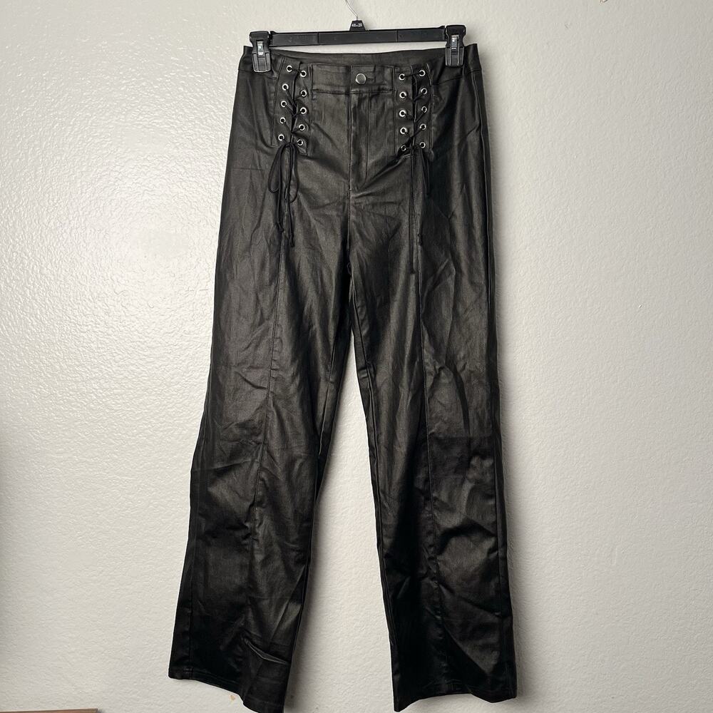 Shein Faux Black Leather Lace-Up Front Women’s 12 XL Flare Pants Stretch Biker